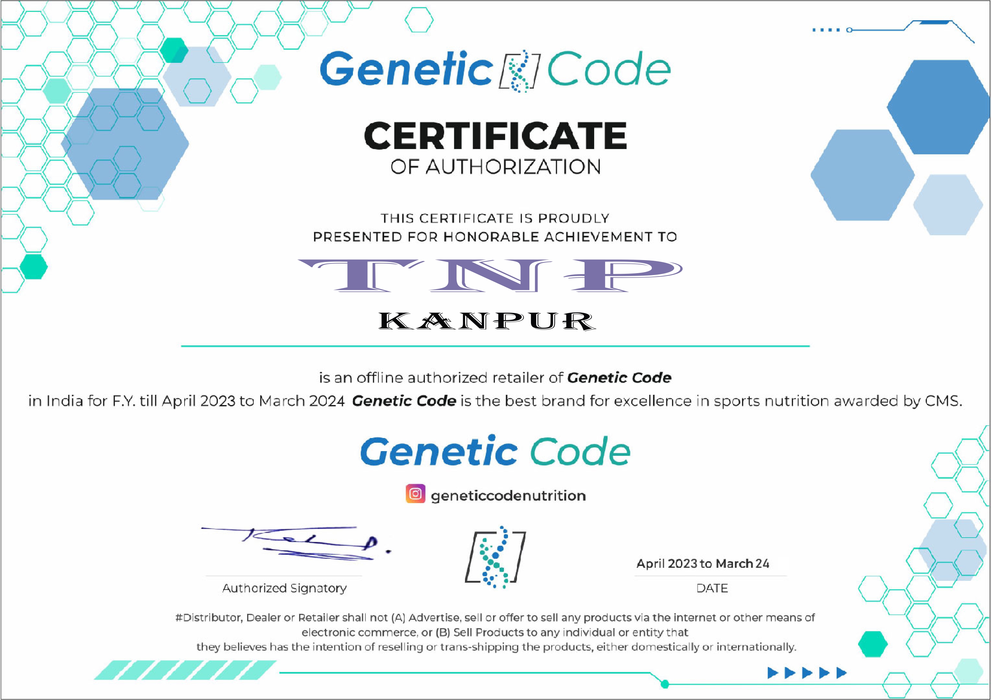 Certificate of Offical Distributor from Genetic code nutrition